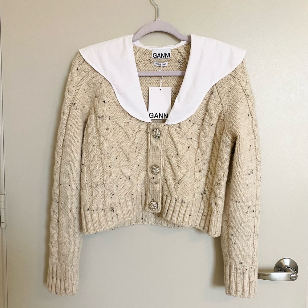 GANNI SWEATER XS WHITE poplin collar cardigan